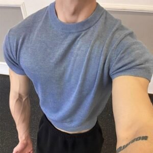 Fitness Muscle-showing Thread Cuff-closing T-shirt Knitted Slim Fit Short Sleeve Men Clothing